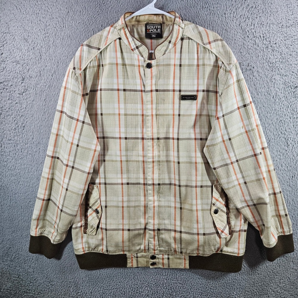 Southpole Mens Plaid Bomber Jacket XL Tan Brown Orange Full Zip Streetwear Y2K